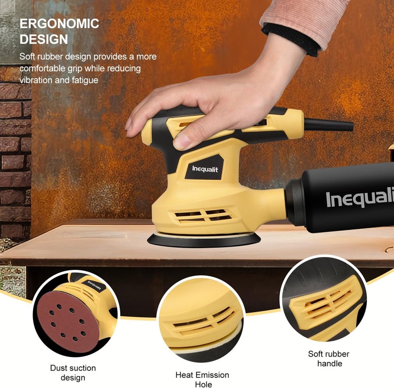 Inequalit Random Orbital Sander, 2.4Amp 5-Inch Corded Palm Sander, Max 13000 OPM Electric Drywall Sander with 6 Variable Speed, 15Pcs Sandpapers and Dust Bag for Woodworking Sanding Polishing - Image 3